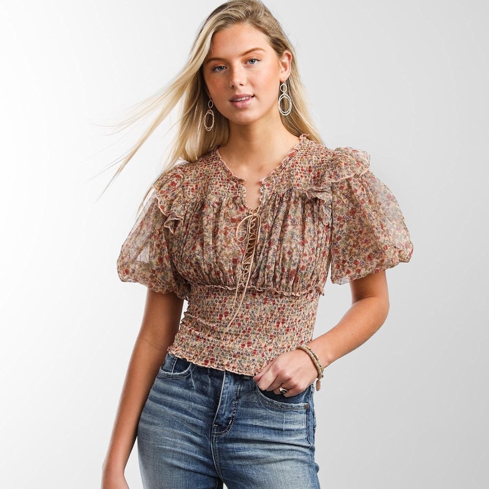 Free People Floral Lace-Up Blouse Sz Small